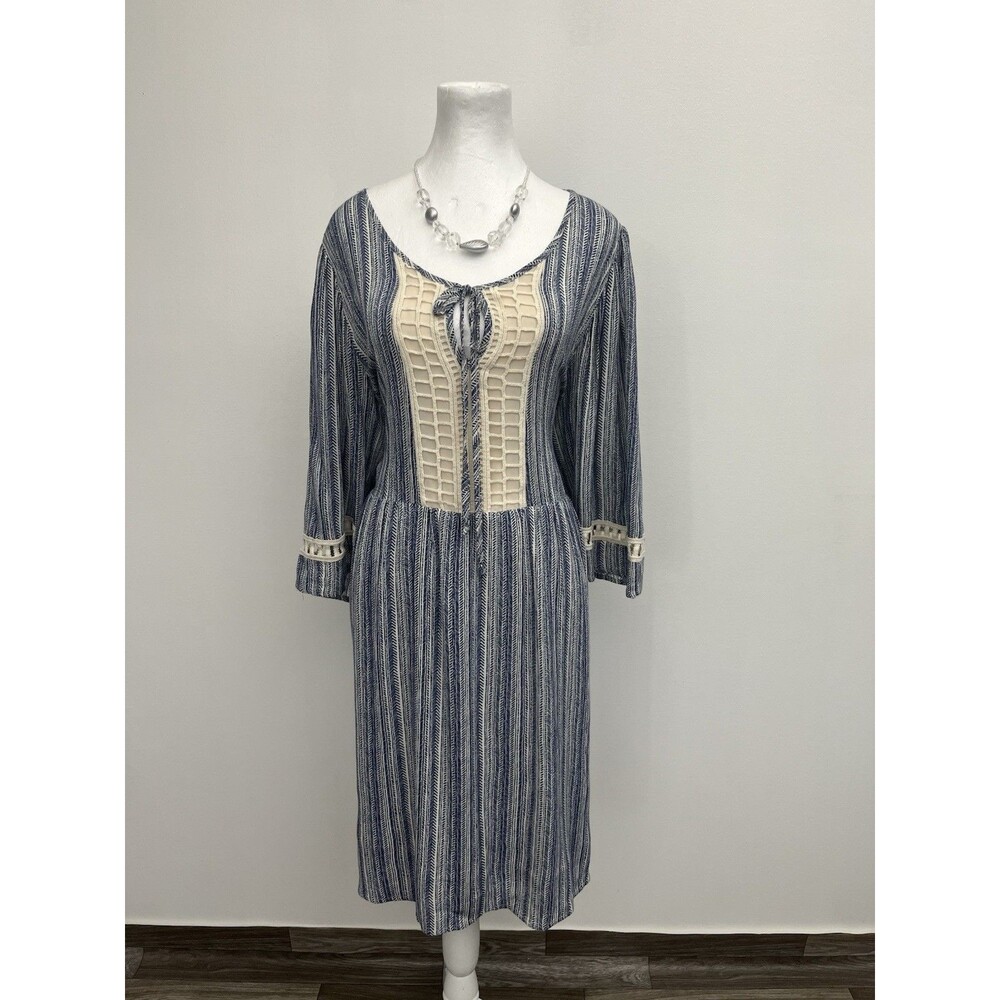 Gibson & Latimer Boho Striped Tunic Dress Size XL Blue White Crochet Detail Mini